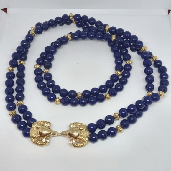 * vintage Kenneth Lane KJL Avon Rams Head blue glitter bead necklace 2 strand